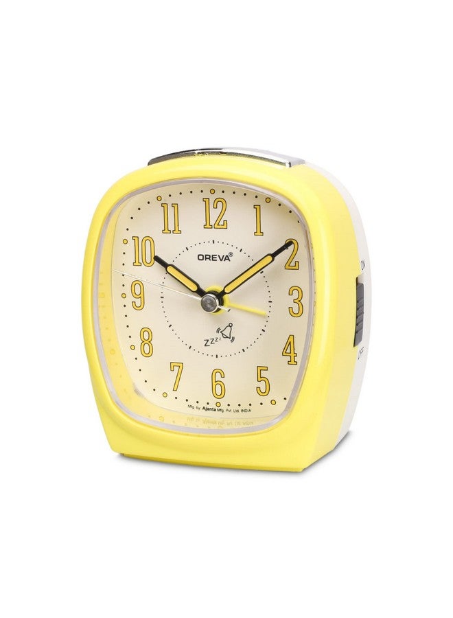 OREVA Alarm Table Clock with 4 Step Snooze Buzzer Sound (9 cm x 6.1 cm x 10.3 cm, AA3097)(Yellow)