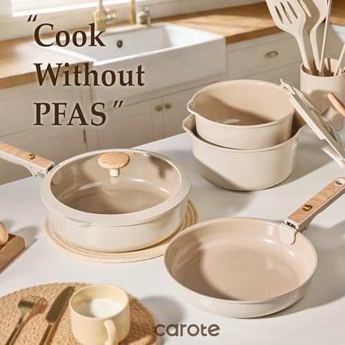 CAROTE Nonstick Pots and Pans Set, Cookware Set Detachable Handle, 19 Pcs Induction Kitchen Cookware Sets Non Stick with Removable Handle, RV Cookware Set, Oven Safe, Elegant White, Mothers Day Gifts - Image 4