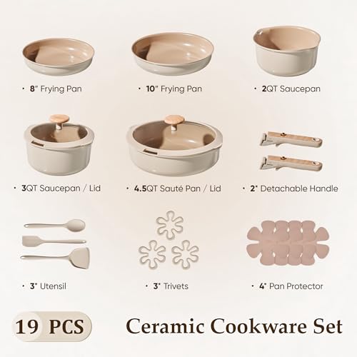 CAROTE Nonstick Pots and Pans Set, Cookware Set Detachable Handle, 19 Pcs Induction Kitchen Cookware Sets Non Stick with Removable Handle, RV Cookware Set, Oven Safe, Elegant White, Mothers Day Gifts - Image 2