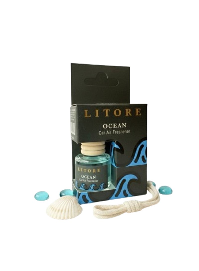 Litore Car Air Freshener 8 ml | Long-Lasting Hanging Diffuser with Essential Oils | Car Perfume for Odor Removal | Elegant Glass Bottle & Wooden Cap Design (Ocean) - Image 1