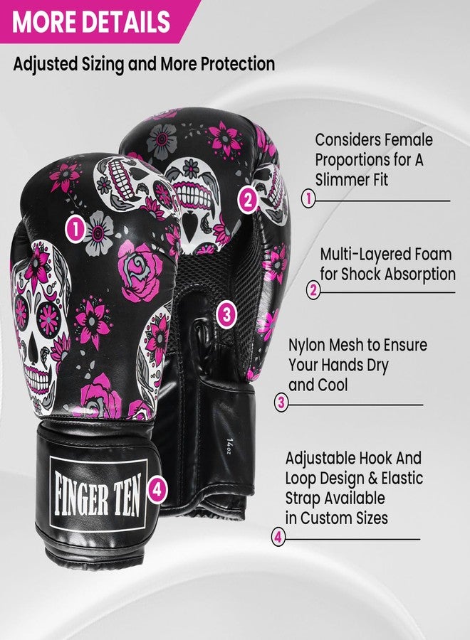 FINGER TEN Boxing Gloves Women Punching Sparring Kickboxing MMA Training Heavy Bag Glove Black Leather 8 10 12 14 16 oz for Womens (Black Printed, 16 oz) - Image 2