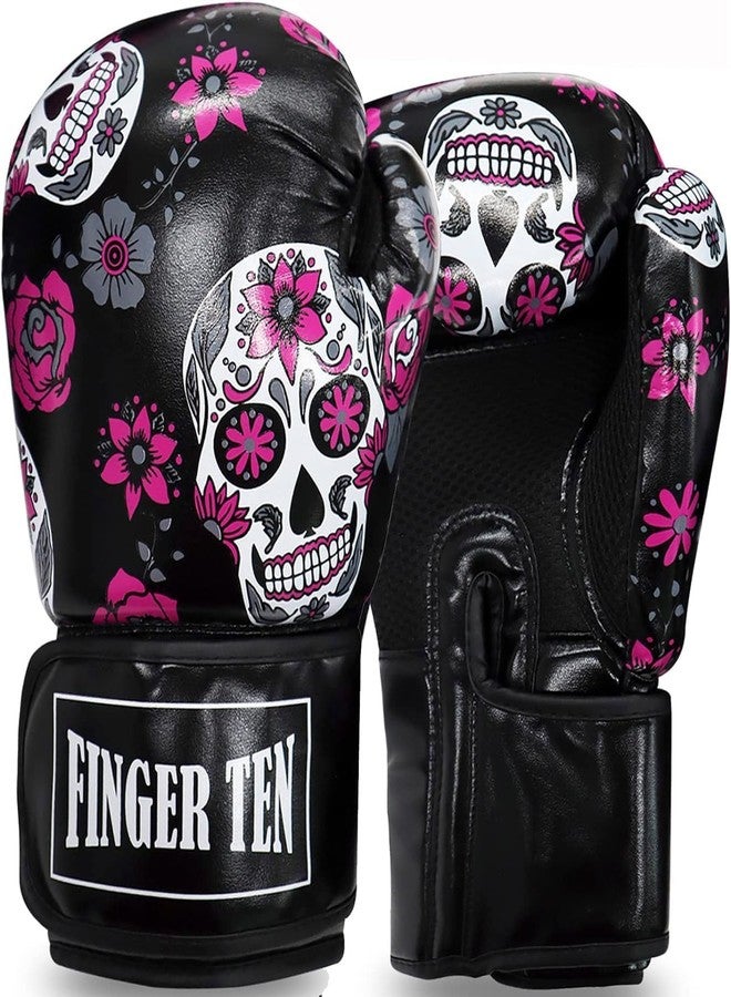 FINGER TEN Boxing Gloves Women Punching Sparring Kickboxing MMA Training Heavy Bag Glove Black Leather 8 10 12 14 16 oz for Womens (Black Printed, 16 oz) - Image 1