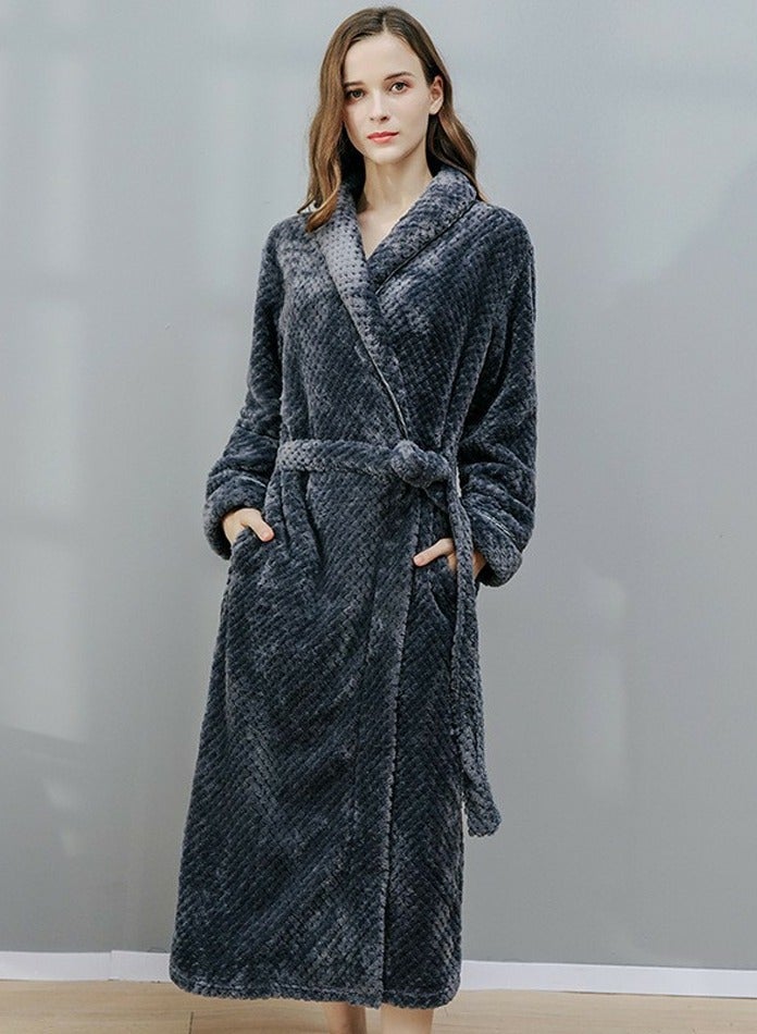 إسكدنيا يونيسكس الشتاء طويل سميكة مرجان الصوف رداء حمام بيجاما مع حزام رمادي - Image 2