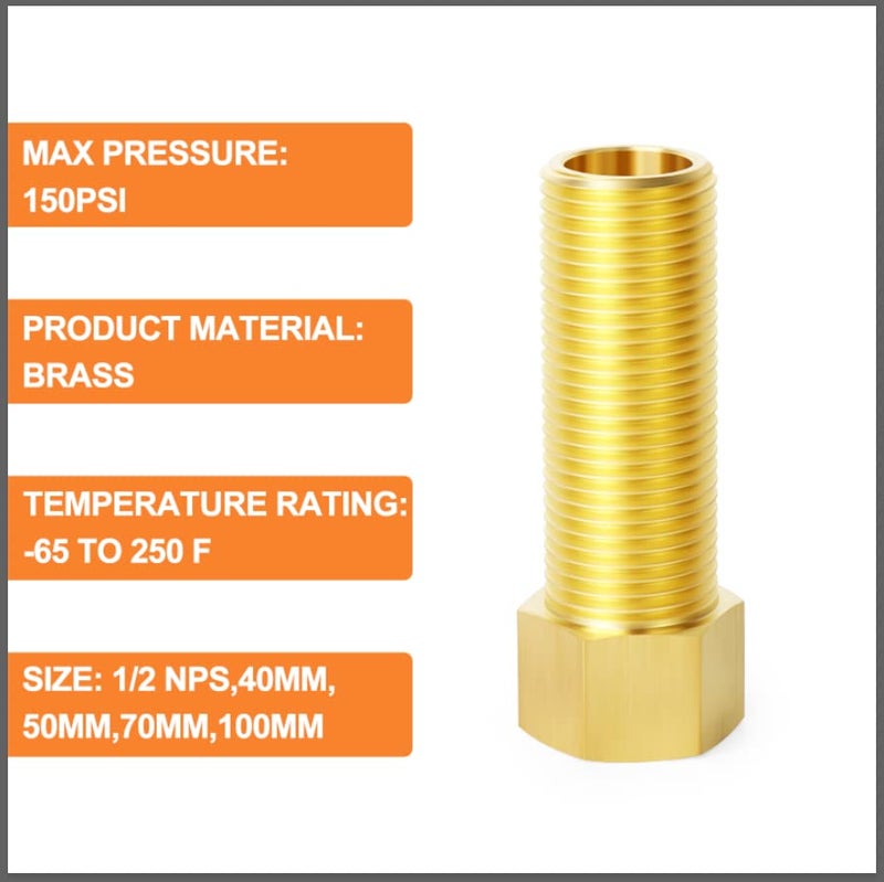 GASHER 4PCS Extension Brass Pipe Fitting, 1/2" Female to 1/2" Male Pipe Hex Bushing Adapter Converter Adapter, 40 mm/50 mm/70 mm/100 mm - Image 5