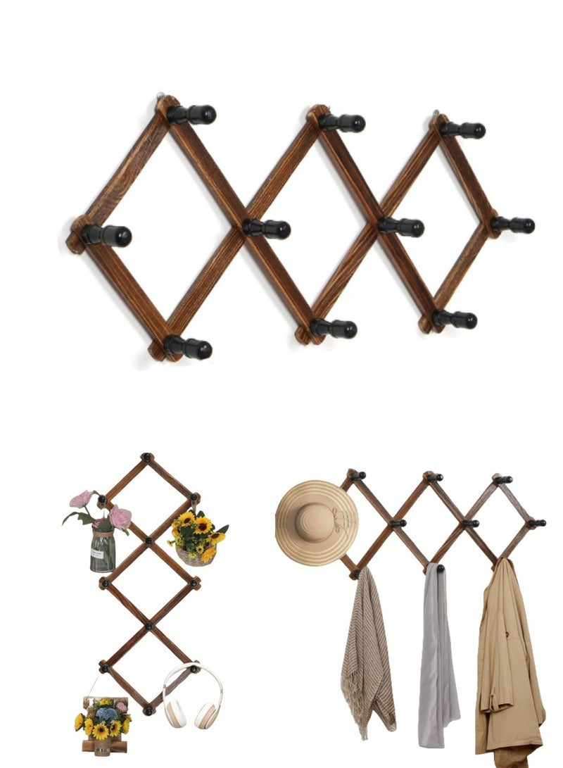 ممون حامل معاطف قابل للتمدد مع 10 خطافات، شماعات حائط أكورديون، حامل قبعات خشبي مثبت على الحائط، خطافات قبعات للمفاتيح، أكواب القهوة، المعاطف - Image 1