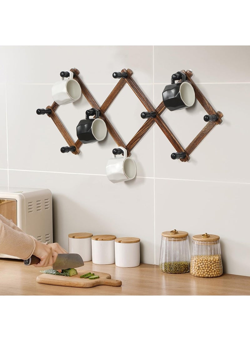 ممون حامل معاطف قابل للتمدد مع 10 خطافات، شماعات حائط أكورديون، حامل قبعات خشبي مثبت على الحائط، خطافات قبعات للمفاتيح، أكواب القهوة، المعاطف - Image 2