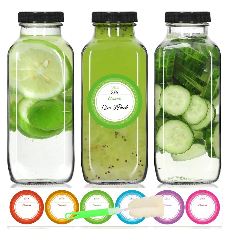 StarSide زجاجات عصير مربعة سعة 12 أونصة 3 عبوات مع أغطية من ستارسايد