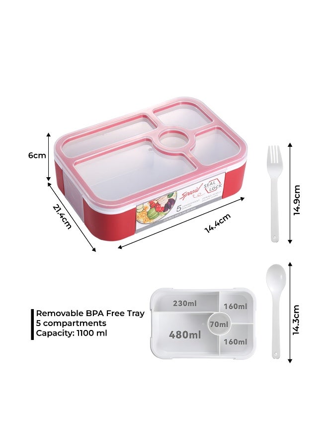 برين جيجلز صندوق غداء BrainGiggles Bento - مانع للتسرب، خالي من مادة BPA، تيفين محكم مع ملعقة وشوكة - 5 أقسام، 1100 مل، صندوق بينتو آمن للاستخدام في الميكروويف للأطفال والكبار - مثالي للمدرسة والمكتب (أحمر) - Image 3