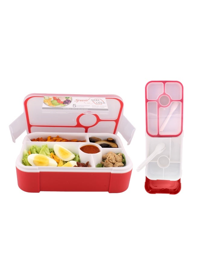 برين جيجلز صندوق غداء BrainGiggles Bento - مانع للتسرب، خالي من مادة BPA، تيفين محكم مع ملعقة وشوكة - 5 أقسام، 1100 مل، صندوق بينتو آمن للاستخدام في الميكروويف للأطفال والكبار - مثالي للمدرسة والمكتب (أحمر) - Image 2