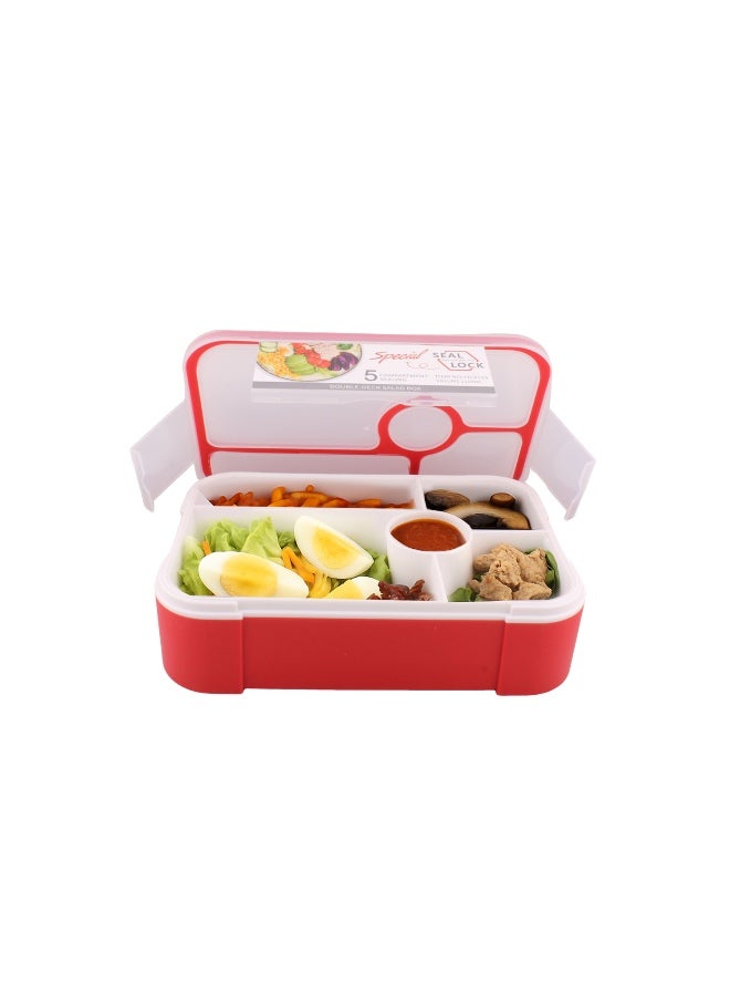 برين جيجلز صندوق غداء BrainGiggles Bento - مانع للتسرب، خالي من مادة BPA، تيفين محكم مع ملعقة وشوكة - 5 أقسام، 1100 مل، صندوق بينتو آمن للاستخدام في الميكروويف للأطفال والكبار - مثالي للمدرسة والمكتب (أحمر) - Image 1