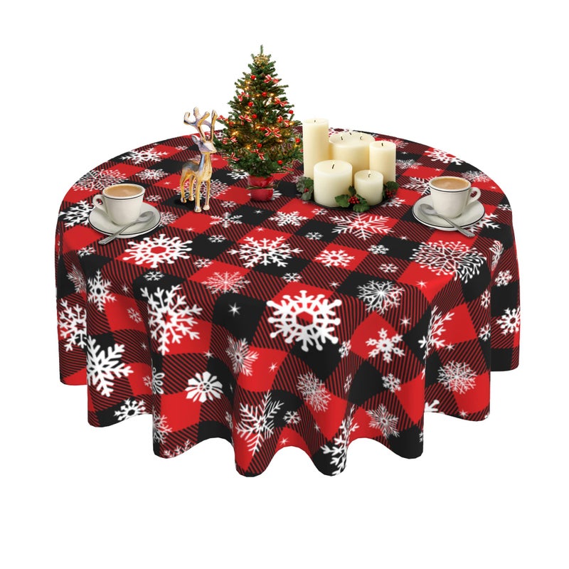 SuQKXCo Christmas Round Tablecloth 60 Inch Buffalo Plaid Tablecloth Merry Christmas Snowflake Tablecover AntiWrinkle Waterproof Wipeable Table Cloth for KitchenHome Decoration