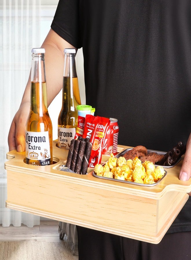 Primo Lines Couch Cup Holder, Wooden Couch Caddy with Stainless Steel Snack Storage Tray for Bed Car Seat Organizer, Cup Drink Storage Anti-Spill Sofa Cup Holder for Phone Snacks Beverage Remote - Image 2