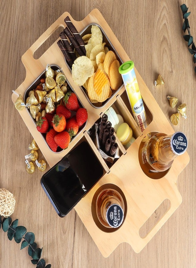 Primo Lines Couch Cup Holder, Wooden Couch Caddy with Stainless Steel Snack Storage Tray for Bed Car Seat Organizer, Cup Drink Storage Anti-Spill Sofa Cup Holder for Phone Snacks Beverage Remote - Image 3