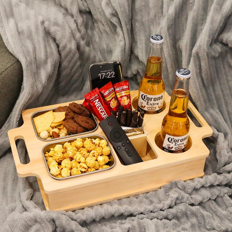 Primo Lines Couch Cup Holder, Wooden Couch Caddy with Stainless Steel Snack Storage Tray for Bed Car Seat Organizer, Cup Drink Storage Anti-Spill Sofa Cup Holder for Phone Snacks Beverage Remote - Image 1