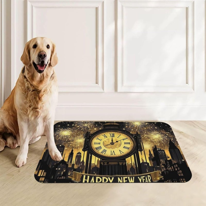 Pet Feeding Mat Absorbent Dog Mat for Food and Water Bowl Dog Accessories New Year Celebration Golden Clock Countdown Cheering Pet Supplies Dogs Quick Dry Cat Water Dispenser Mats 24x16In - Image 4