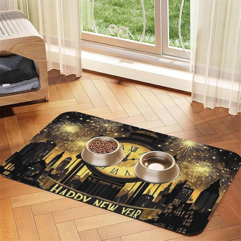 Pet Feeding Mat Absorbent Dog Mat for Food and Water Bowl Dog Accessories New Year Celebration Golden Clock Countdown Cheering Pet Supplies Dogs Quick Dry Cat Water Dispenser Mats 24x16In - Image 1