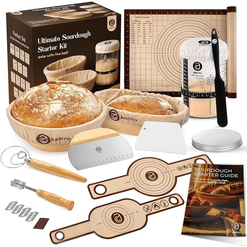 ABIOTO Sourdough Starter Kit with 10 Round & 11 Oval Banneton Proofing Basket and 34oz Starter Jar - Beginner-Friendly Sourdough Bread Baking Supplies and Baking Gifts for Women, Men, and Bread Bakers - Image 1