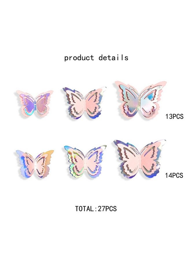 pinkblume Iridescent Pink Butterfly Decorations Stickers Blush 3D Butterfies Wall Art Removable Wall Decals For Holographic Unicorn Pastel Home Living Room Baby Bedroom Showcase Nursery Decor (27Pcs) - Image 3