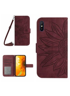 HuHa Case Cover For Xiaomi Redmi 9A / 9i Skin Feel Sun Flower Pattern Flip Leather Phone Case with Lanyard Wine Red 