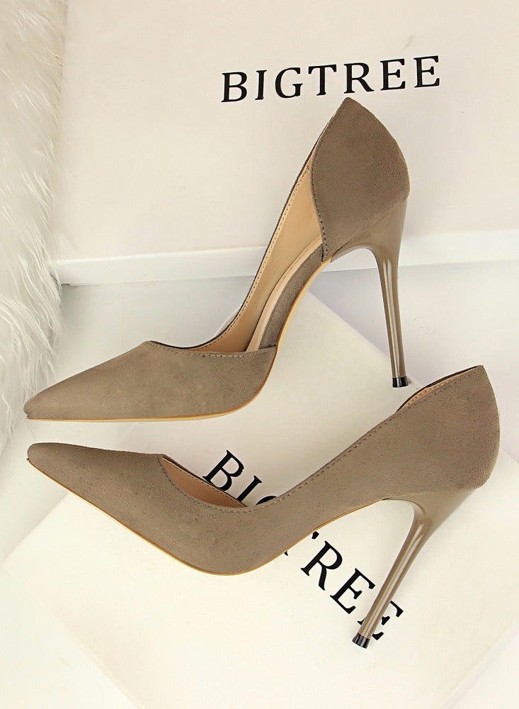 BIGTREE Women's Elegant Side Hollow Stiletto Pumps 10.5 cm Elegant Gorgeous Closed Pointed Toe Slip On Solid High Heels Khaki - Image 3