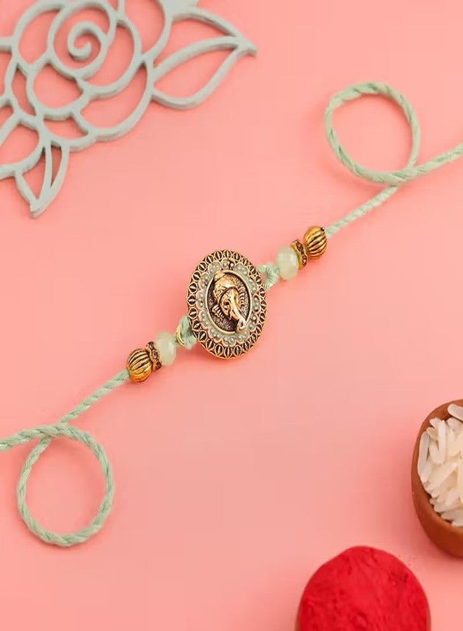 Floweraura Premium Handcrafted Graceful Mint Green Beads Golden Ganesha Rakhi With Roli Packet- Rakhi For Brother, Bhai, Kids, Bhaiya, Cousins & Rakshabandhan Gift (Same Day Delivery) - Image 3