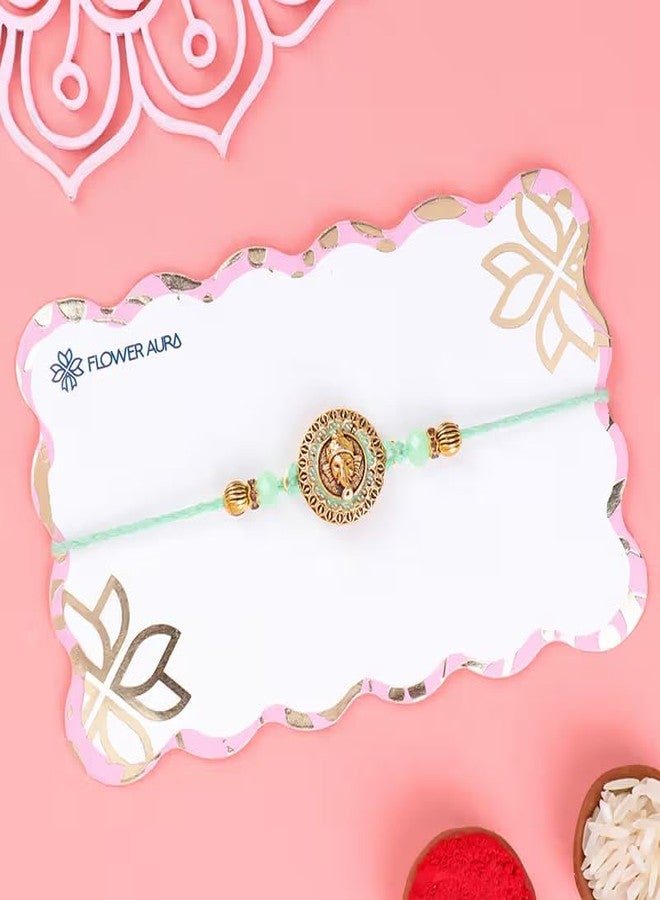 Floweraura Premium Handcrafted Graceful Mint Green Beads Golden Ganesha Rakhi With Roli Packet- Rakhi For Brother, Bhai, Kids, Bhaiya, Cousins & Rakshabandhan Gift (Same Day Delivery) - Image 4