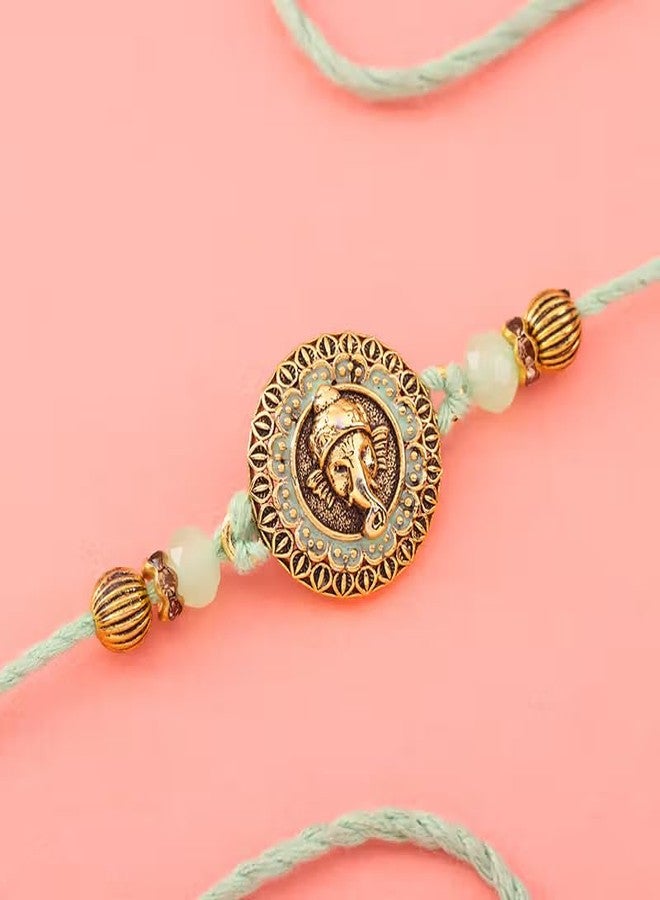 Floweraura Premium Handcrafted Graceful Mint Green Beads Golden Ganesha Rakhi With Roli Packet- Rakhi For Brother, Bhai, Kids, Bhaiya, Cousins & Rakshabandhan Gift (Same Day Delivery) - Image 2
