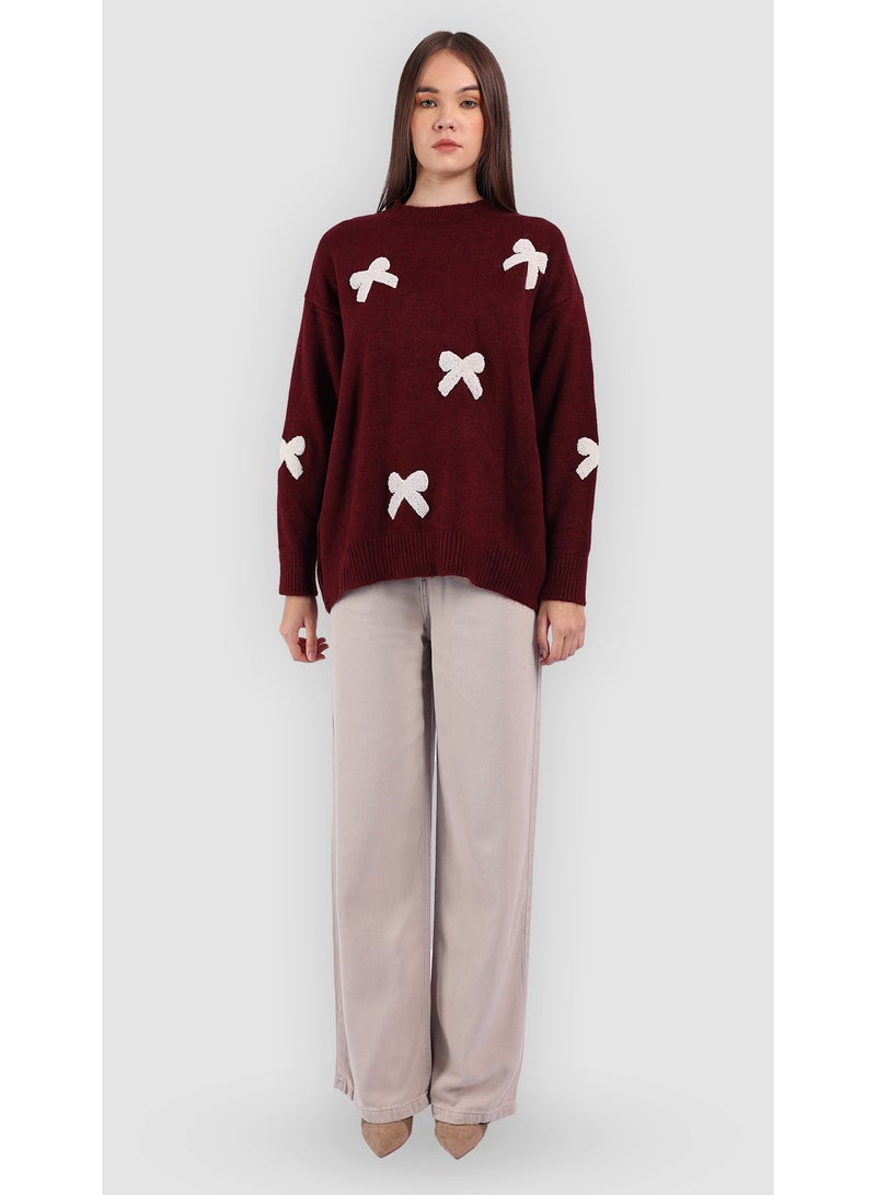KYVELi Women’s Soft Knit Sweater with Bow Accents – Burgandy - Image 2