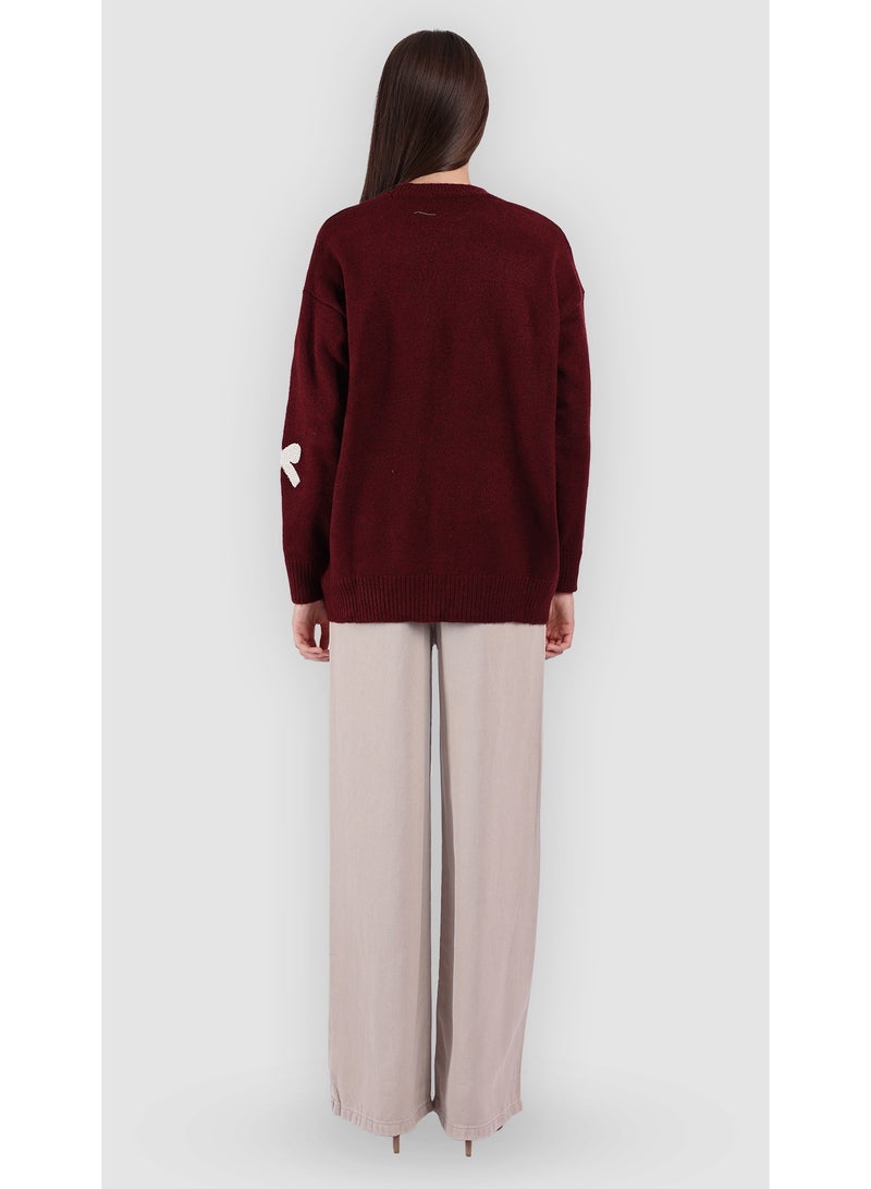 KYVELi Women’s Soft Knit Sweater with Bow Accents – Burgandy - Image 5