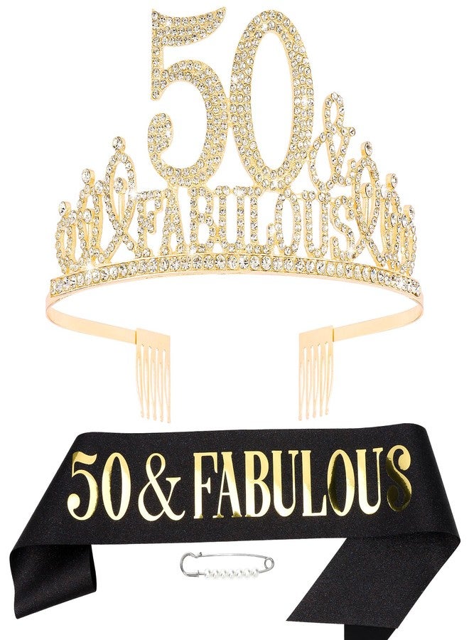 Hapdoo 50th Birthday Decorations, 50th Birthday Gifts Sash and Crown for Her Set, Happy 50 & Fabulous Party Supplies for Women, Black Gold - Image 1