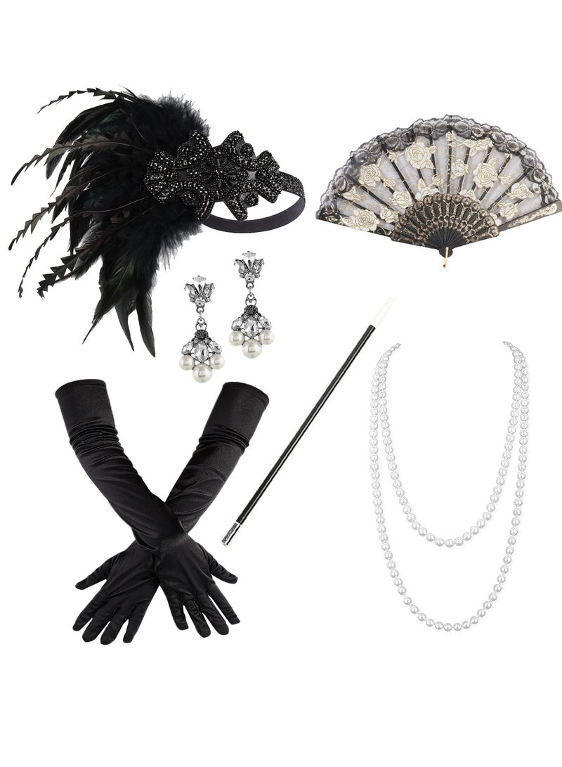 Zikra 1920s Accessories Flapper Gatsby Costume Women Set 20s Flapper Headband Pearl Necklace Gloves Lace Fan Holder, Black - Image 1