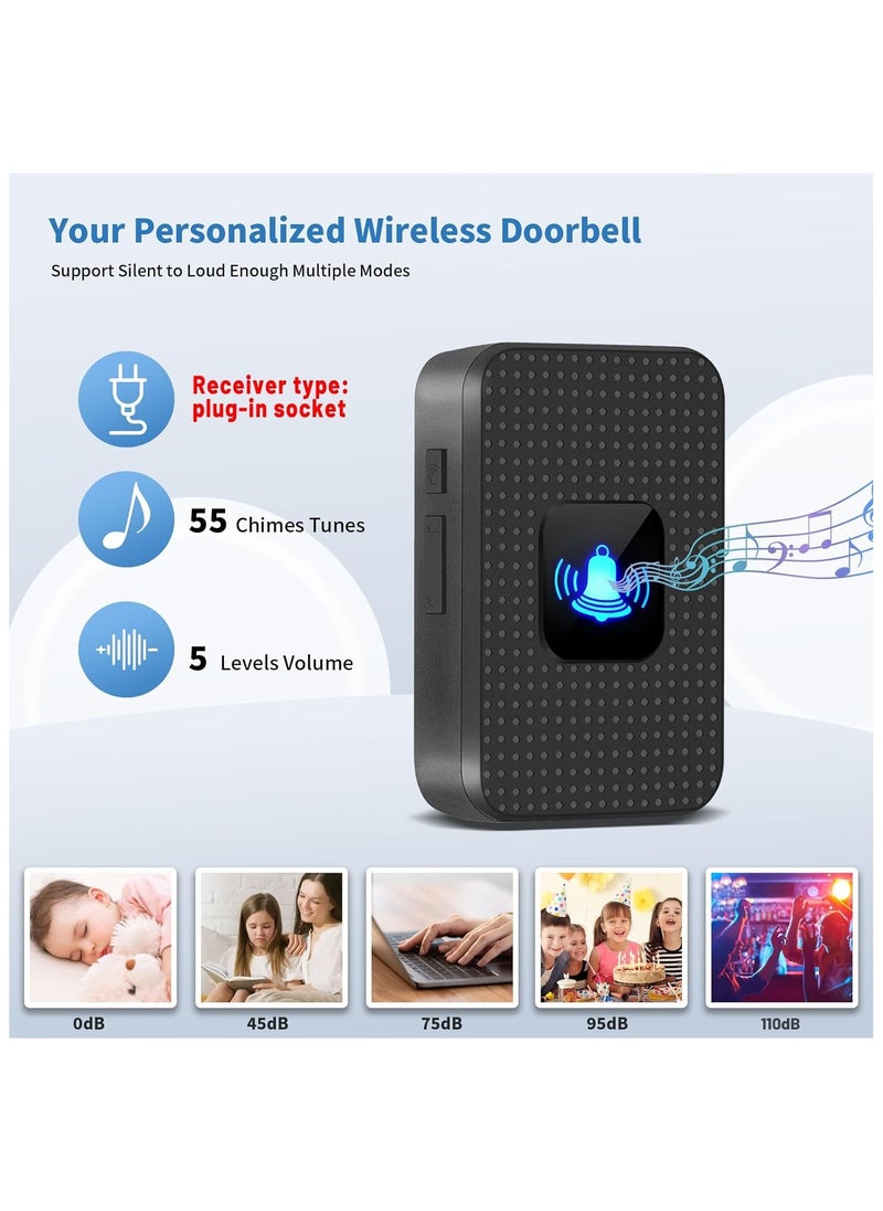 NNEWVANTE Wireless Doorbell, Battery Operated Doorbell, Easy installation Portable Waterproof Door Bell kit with 1000 Feet Long Range, 55 Chimes Adjustable Volume, 2 Buttons 1 Receiver, Black  - Image 2