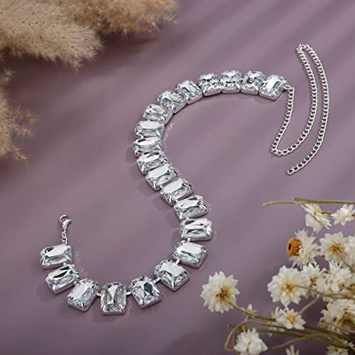 Xerling Wedding Statement Crystal Choker Necklaces for Women Brides Bling Rhinestone Multicolor Chain Large Crystals Pendant Choker Collar Jewelry Necklaces (Silver) - Image 3