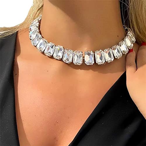 Xerling Wedding Statement Crystal Choker Necklaces for Women Brides Bling Rhinestone Multicolor Chain Large Crystals Pendant Choker Collar Jewelry Necklaces (Silver) - Image 1