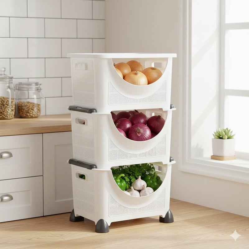 Trolley Storage 3 Tier with Wheels, White, Fruit and Vegetable Organizer, High Quality Plastic, 69x37x28cm - Image 2