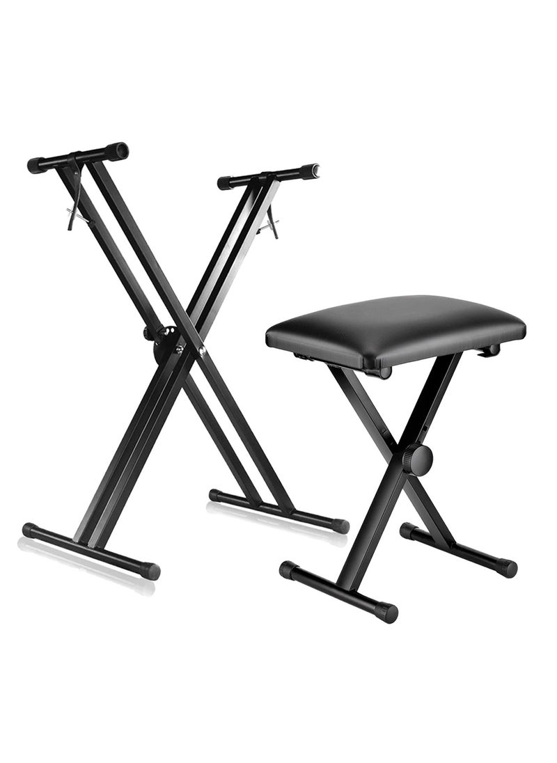 Mike Music Keyboard Stands and Piano Bench Set,Double-X Keyboard Stand Adjustable & Portable Digital Piano Stand with Locking Straps,Adjustable Height and Portable  - Image 1