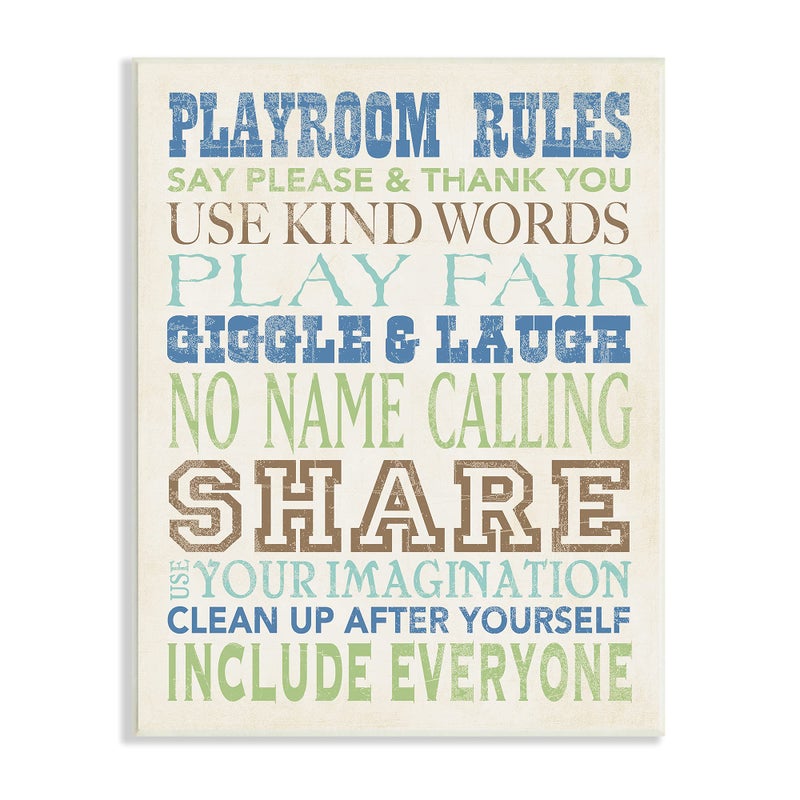 Stupell Industries Stupell Home Décor Playroom Rules Typography in Blues, Green and Brown Canvas Wall Art, 16 x 20, Multi-Color
