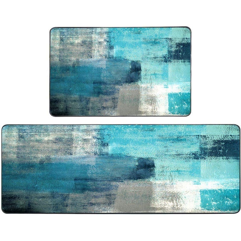 Kitchen Mats for FloorTOMWISH Turquoise Kitchen Rug Grey Abstract Area Rug Art Painting 17X4817X24 NonSlip Kitchen Rug Set for Kitchen Dining RoomFloor HomeOfficeSinkLaundry