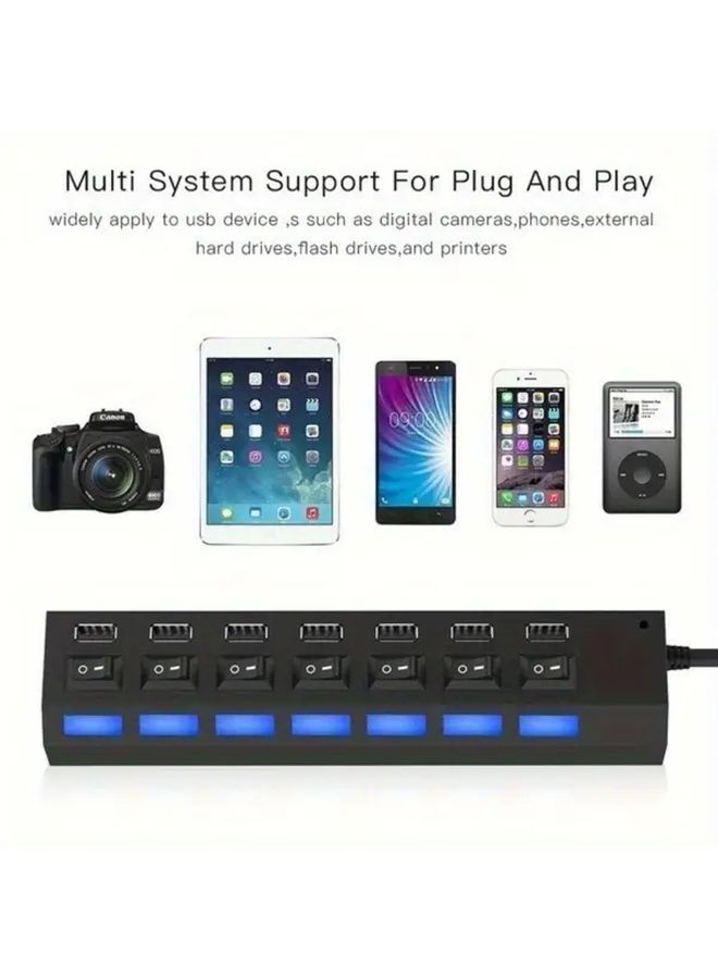 7 منافذ USB 2.0 محور مع مفاتيح فردية ومحول تلقائي منظم مضغوط أسود - Image 1