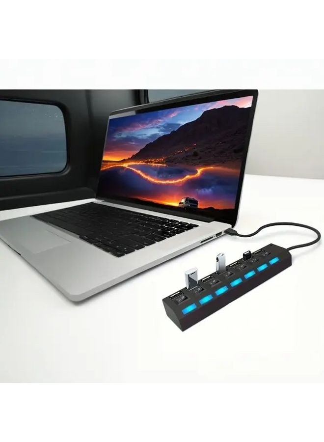 7 منافذ USB 2.0 محور مع مفاتيح فردية ومحول تلقائي منظم مضغوط أسود - Image 3
