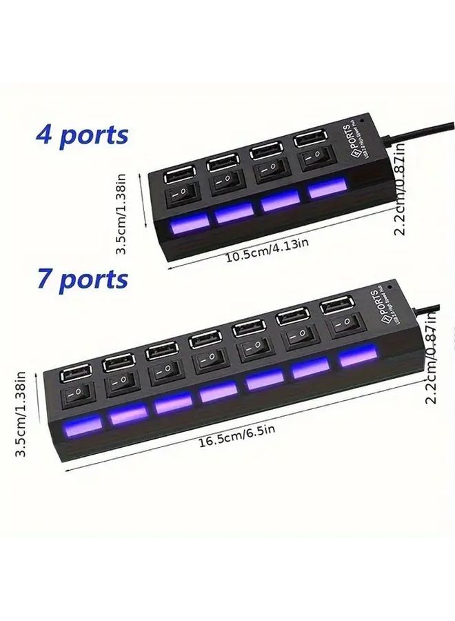 7 منافذ USB 2.0 محور مع مفاتيح فردية ومحول تلقائي منظم مضغوط أسود - Image 2