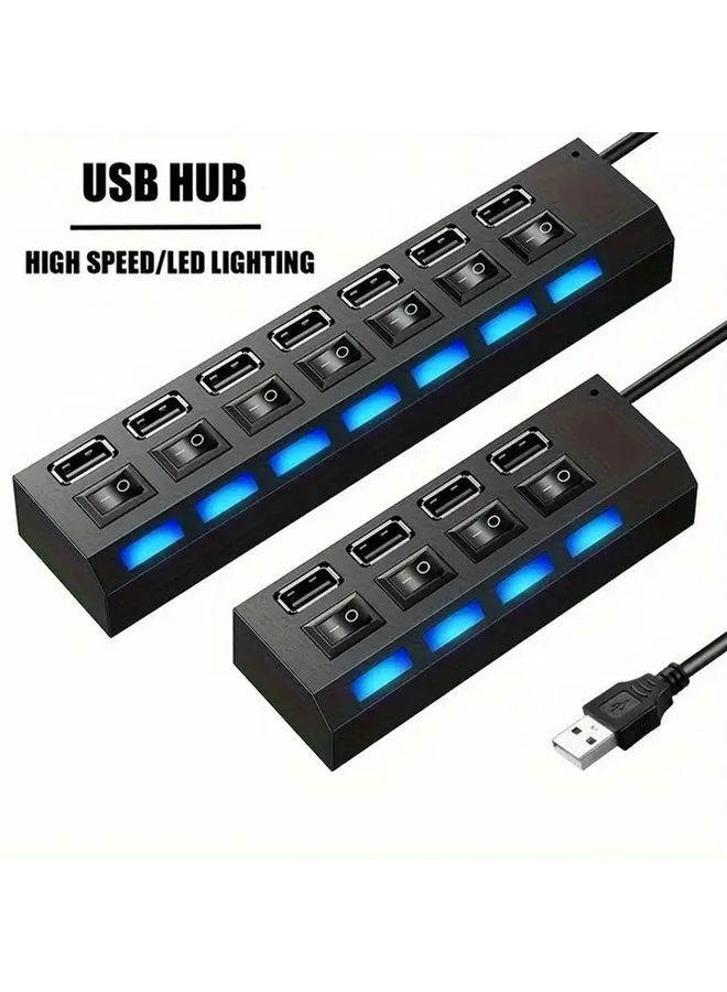 7 منافذ USB 2.0 محور مع مفاتيح فردية ومحول تلقائي منظم مضغوط أسود - Image 5