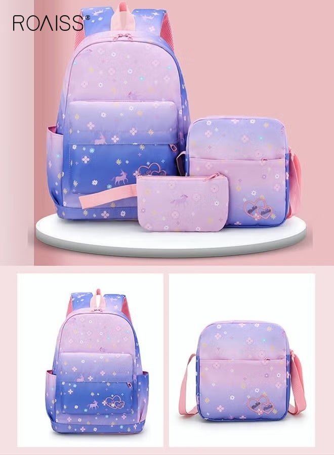 roaiss 3PCS Large Capacity Backpack Set with Cute Graphic Prints Includes Schoolbag Crossbody Bag and Pencil Case for Kids and Girls in Dark Purple and Pink - Image 1