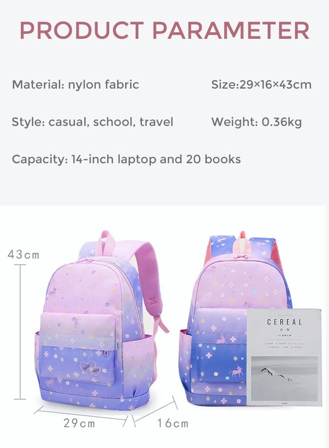 roaiss 3PCS Large Capacity Backpack Set with Cute Graphic Prints Includes Schoolbag Crossbody Bag and Pencil Case for Kids and Girls in Dark Purple and Pink - Image 3
