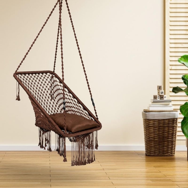 Premium Large Swing Chair with Cushioned for Terrace/Balcony| Rectangle Hanging Chair for Home/Garden| Single Seater Indoor & Outdoor Swing| Jhula for Adults with Accessories Included (Brown)