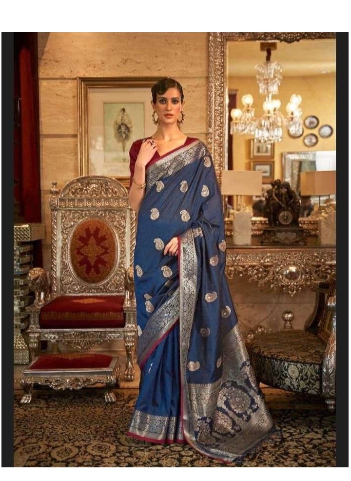 Grab Mantra - Beautiful Blue Banaras Soft Silk Saree With Gold Silver Weaving Border And Buti All Over Plus Unstitched Blouse - Image 1