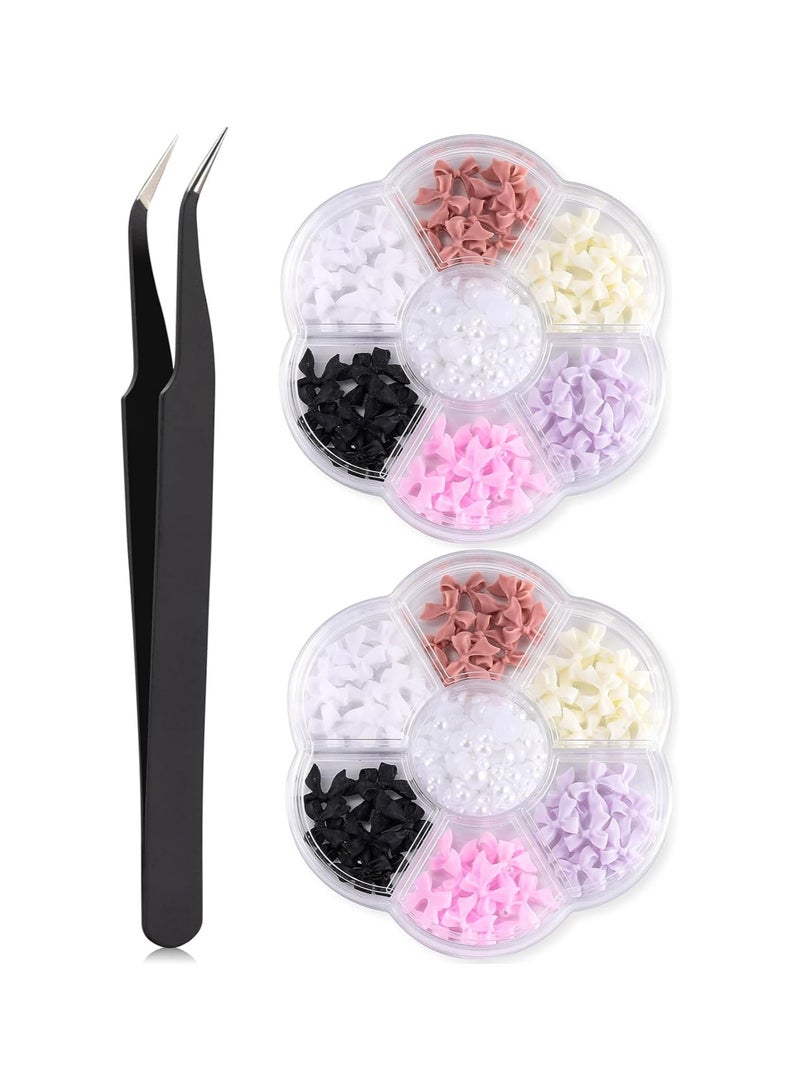 Zikra Bow Nail Charm, 3D Bow Nail Charms, 200pcs Colorful 3D Bow Charm Acrylic Jewel Rhinestones Set for Nail Design Diy Decoration, for Nail Art Decorations, Nail Art Design (2 Box 1 Tweezers ) - Image 1