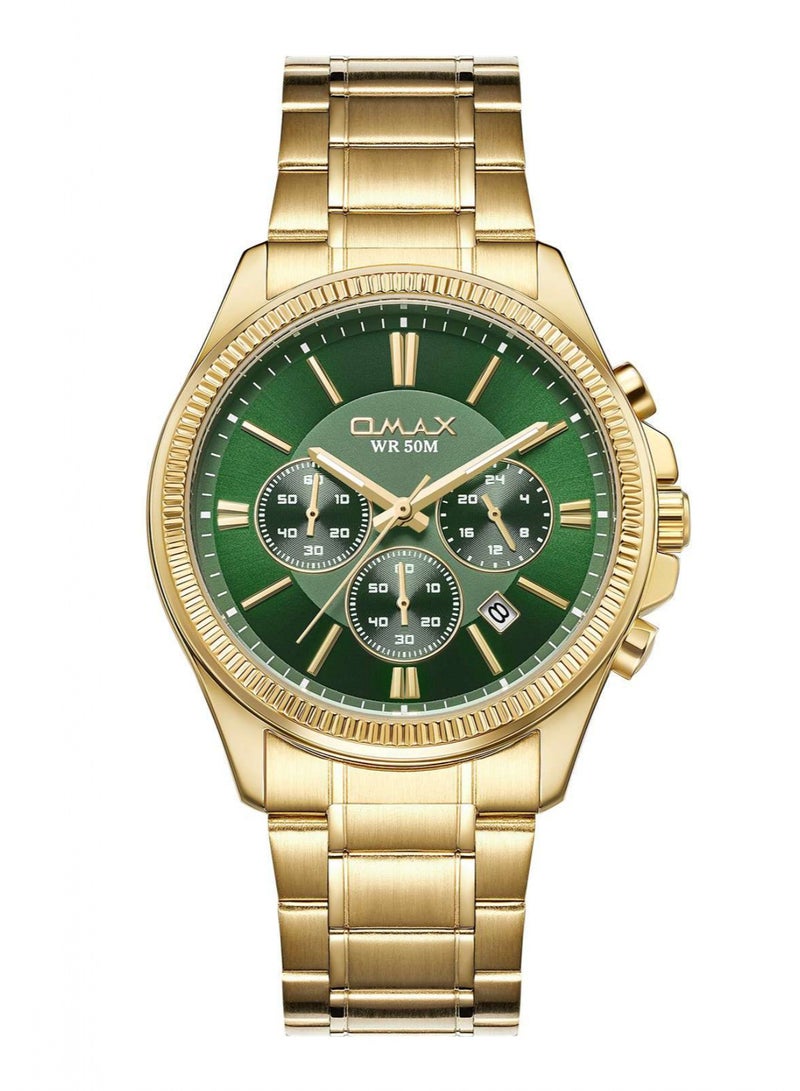 Omax Men's Wrist Watch, Gold Tone, Green Dial, Chronograph, WR 50M - Image 1
