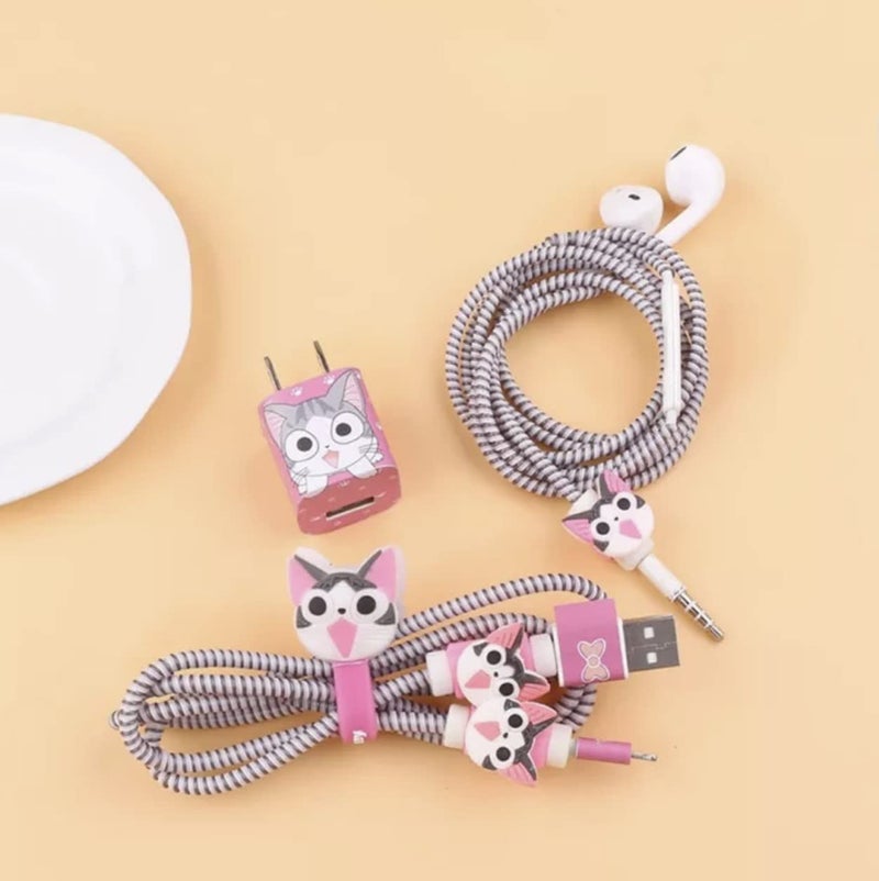 Careflection 6-in-1 Multi Combo Spiral USB Cable Protectors + Earphones Winder + Sticker + Cable Clips + Earphone Jack Clip for Old 5W Apple iPhone iPad Charger (Cat) - Image 2