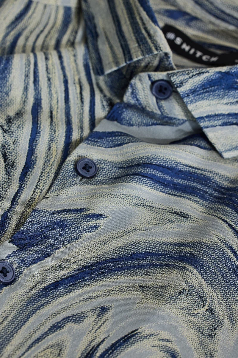 سنيتش Steel Blue Abstract Long Sleeve Slim Fit Shirt